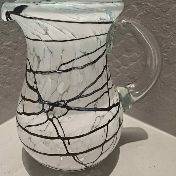 Black and White Art Glass Pitcher White with drizzle 9" - Picture 1 of 8